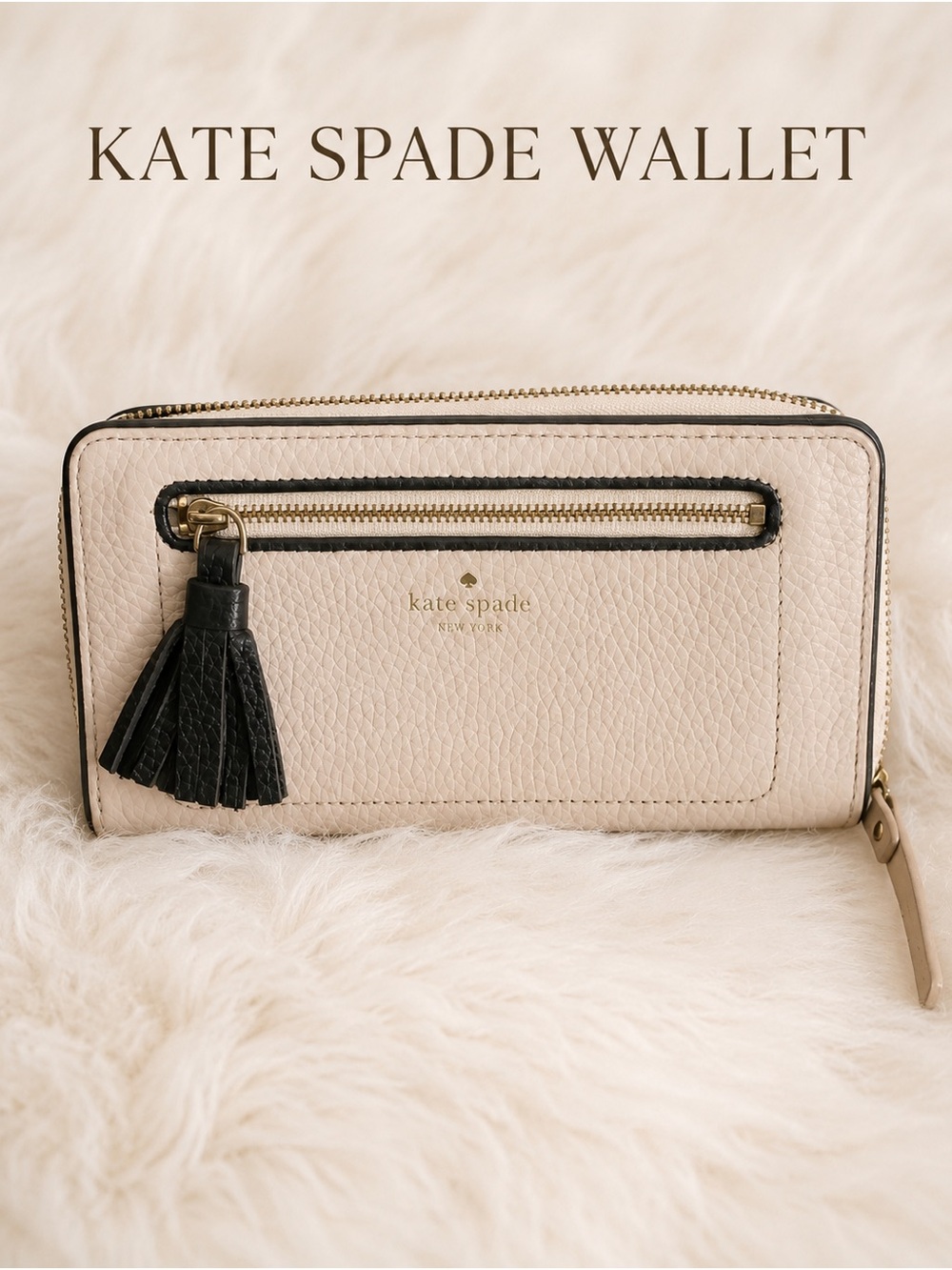 Kate Spade Pebbled Leather Zip Wallet in Cream with Black Tassel